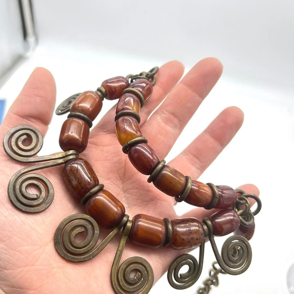 Vintage Phenolic Bakelite Brass Spiral Bib‎ Statement Necklace Tribal